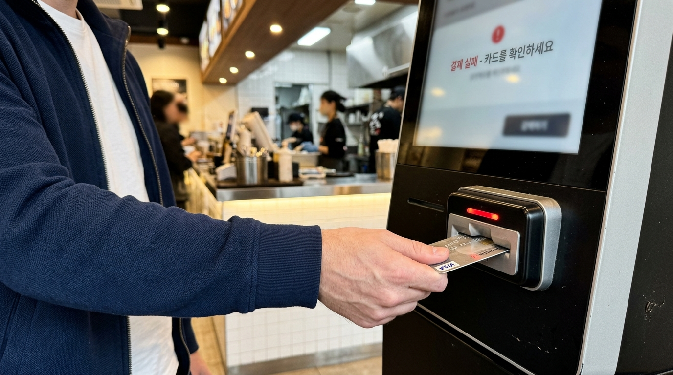 Foreigner standing at Korean restaurant ordering kiosk with Korean-only screen display