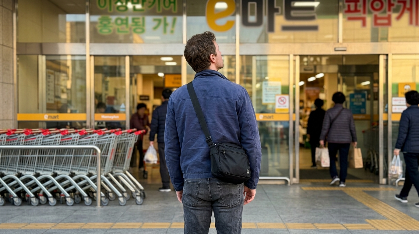 Foreigner in navy blue zip-up jacket standing at entrance of grocery mart Korea foreigners shop at