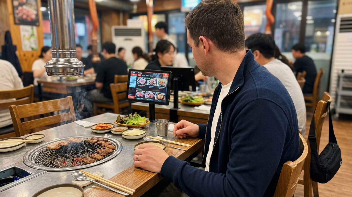 Table tablet ordering device at Korean barbecue restaurant with Korean menu displayed