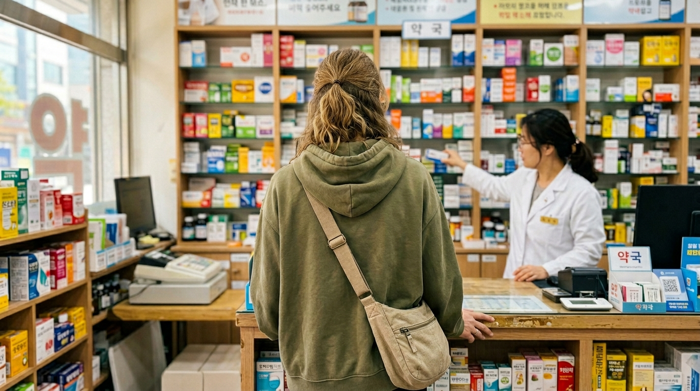 Foreign woman at a Korean pharmacy counter navigating medicine options — a situation korean pharmacy foreigners encounter regularly in Seoul