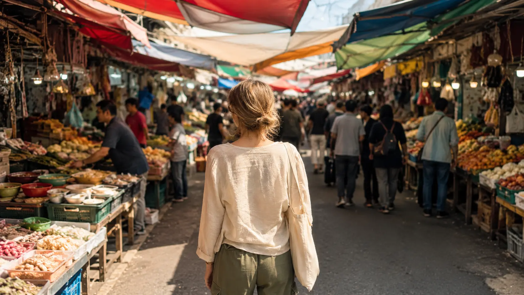 oung European woman with canvas tote bag standing at entrance of Korean traditional market browsing korean phrases shopping market guide