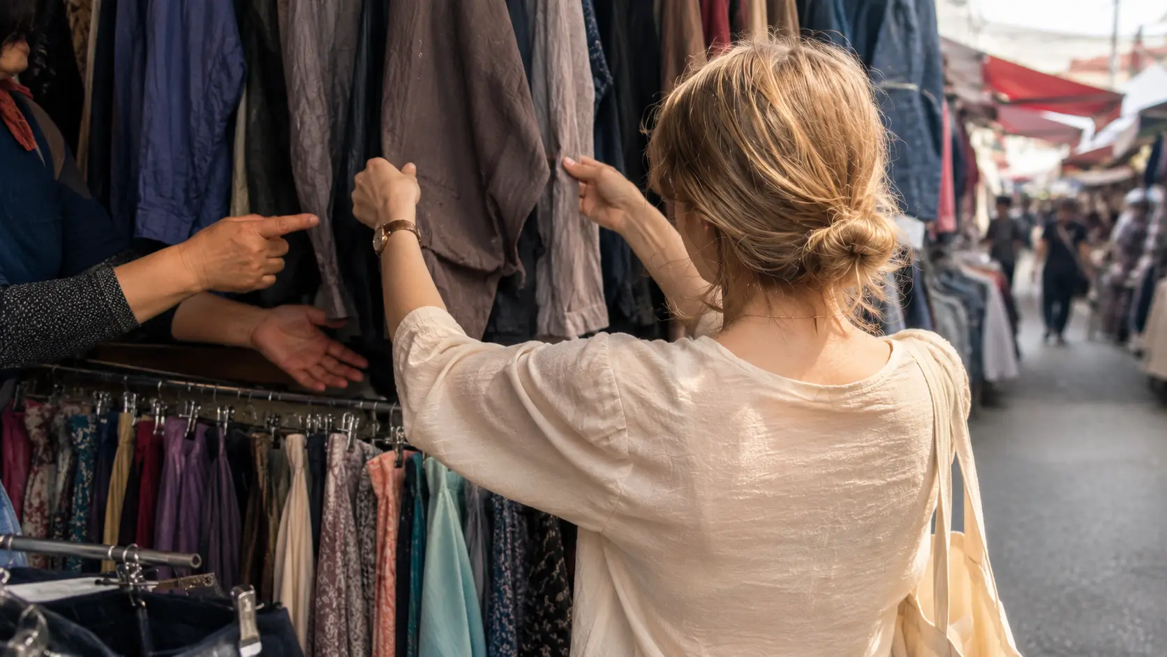 Foreigner browsing clothing stall at Korean traditional market with vendor nearby