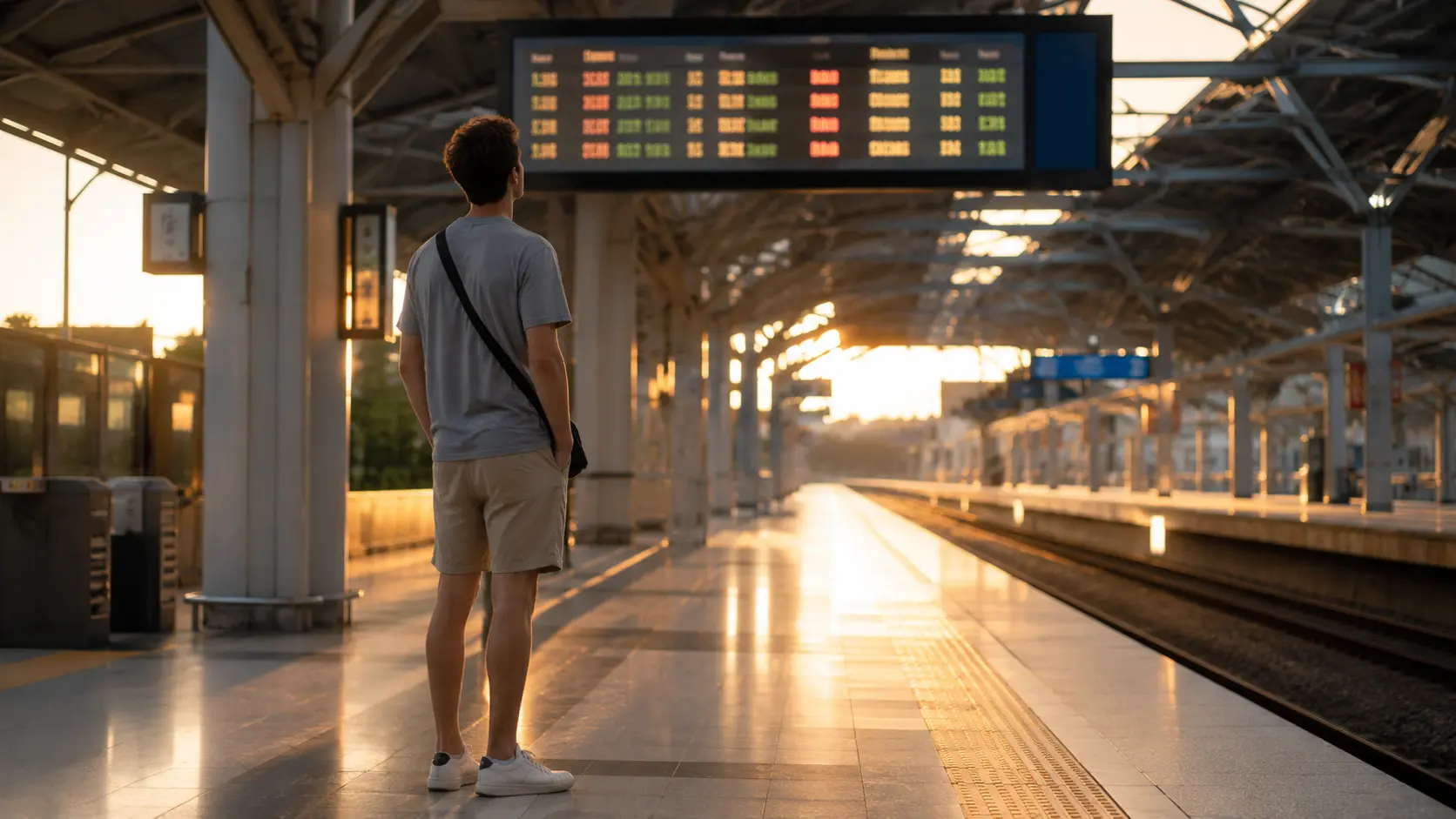 Seoul day trips foreigners starting point — foreign traveler checking train departure board at Korean station