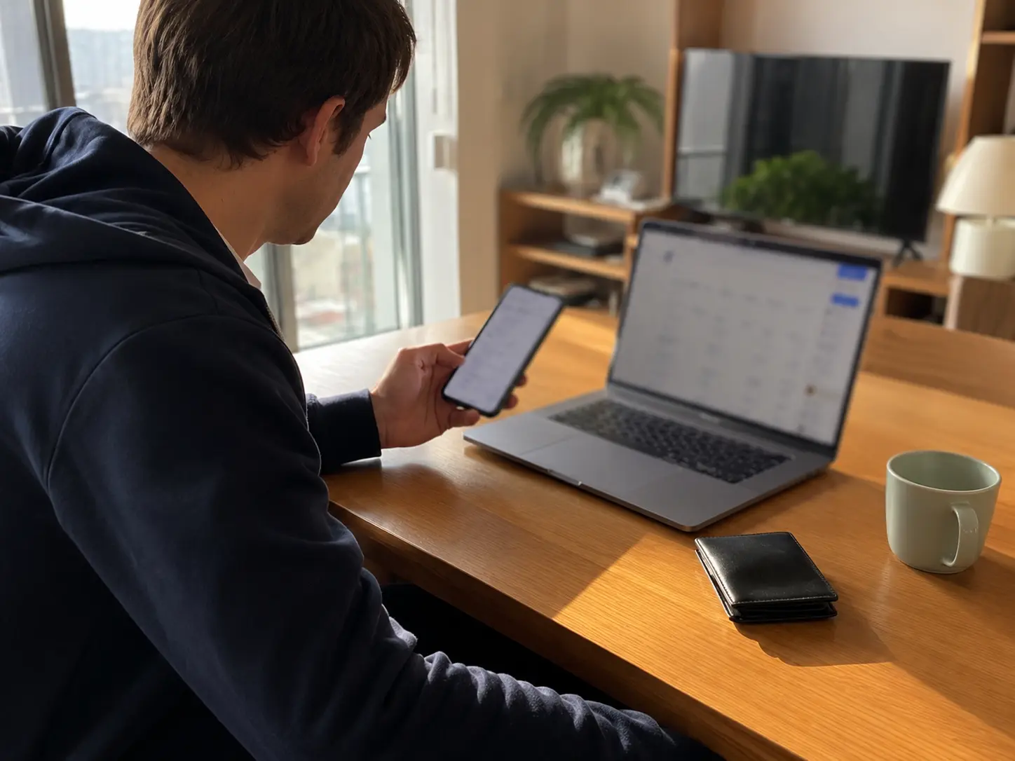 Person comparing remittance apps on smartphone at home desk in Korea checking transfer fees