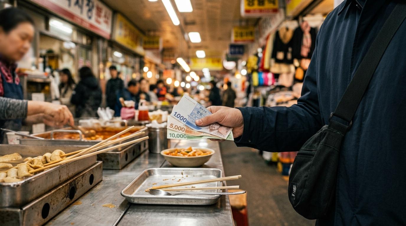 Close-up of hands exchanging Korean won cash at a traditional market food stall counter