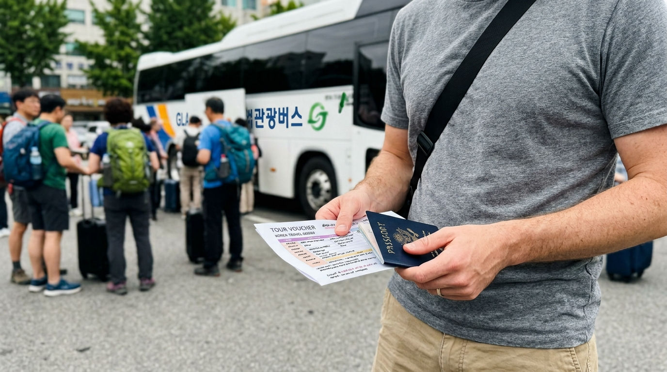 Foreign tourist holding passport near tour bus for day trip outside Seoul
