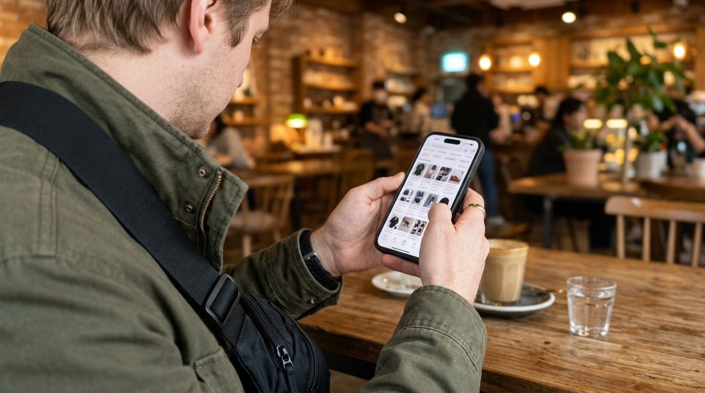 Foreigner checking smartphone outside Korean apartment complex for secondhand market meetup