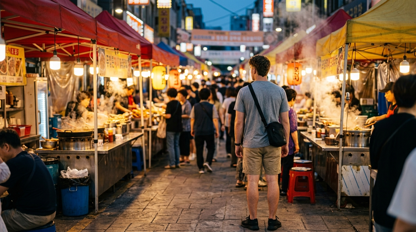 Korean street food foreigners visiting bustling traditional market at dusk with steam rising from food stalls