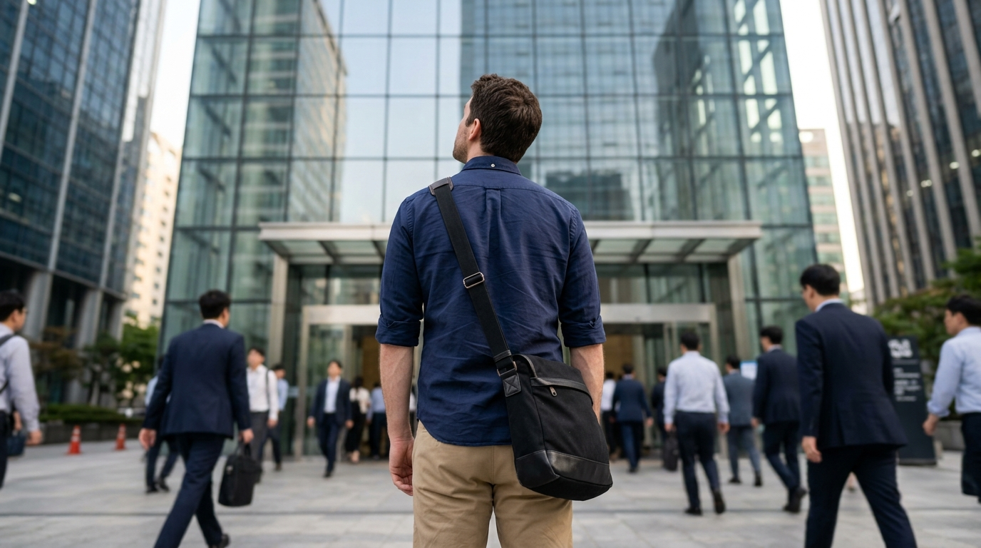 Korean work culture foreigners navigate at a modern Gangnam office building entrance during morning commute