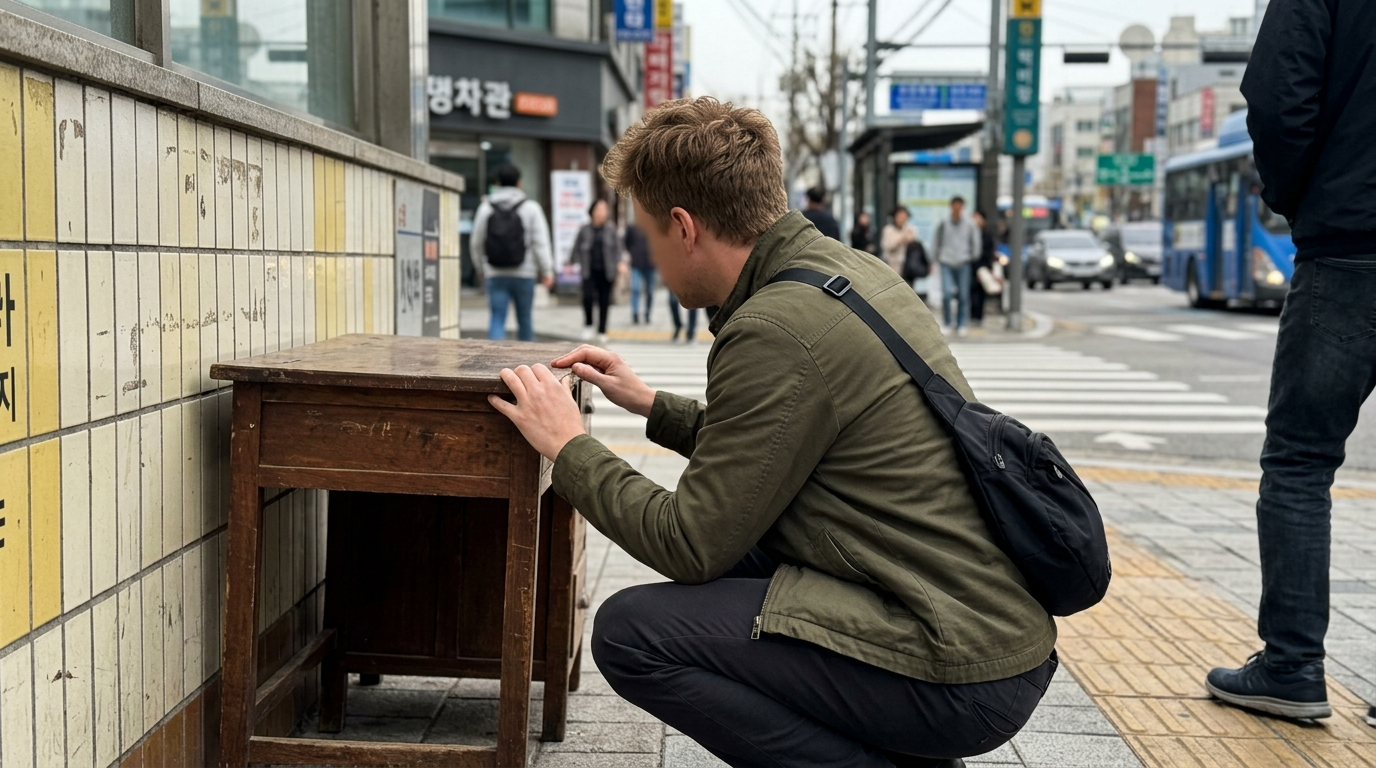 Person using translation app on phone while browsing Korean secondhand listings at a cafe