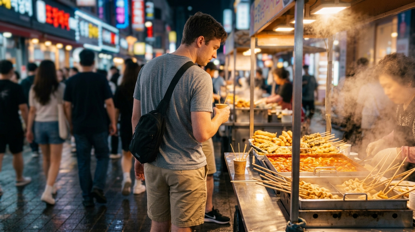 Foreigner standing near Korean street food stalls at evening market with steam rising from vendor carts