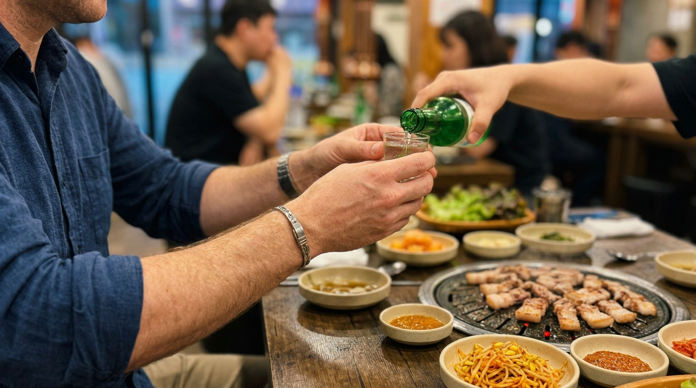 Foreign worker navigating Korean work culture at a team dinner gathering