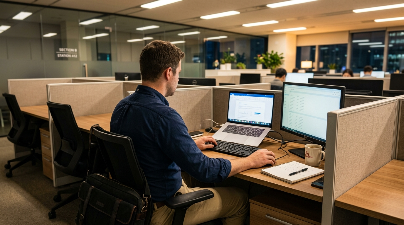 Foreign professional sitting at a Korean office desk adjusting to workplace hierarchy norms
