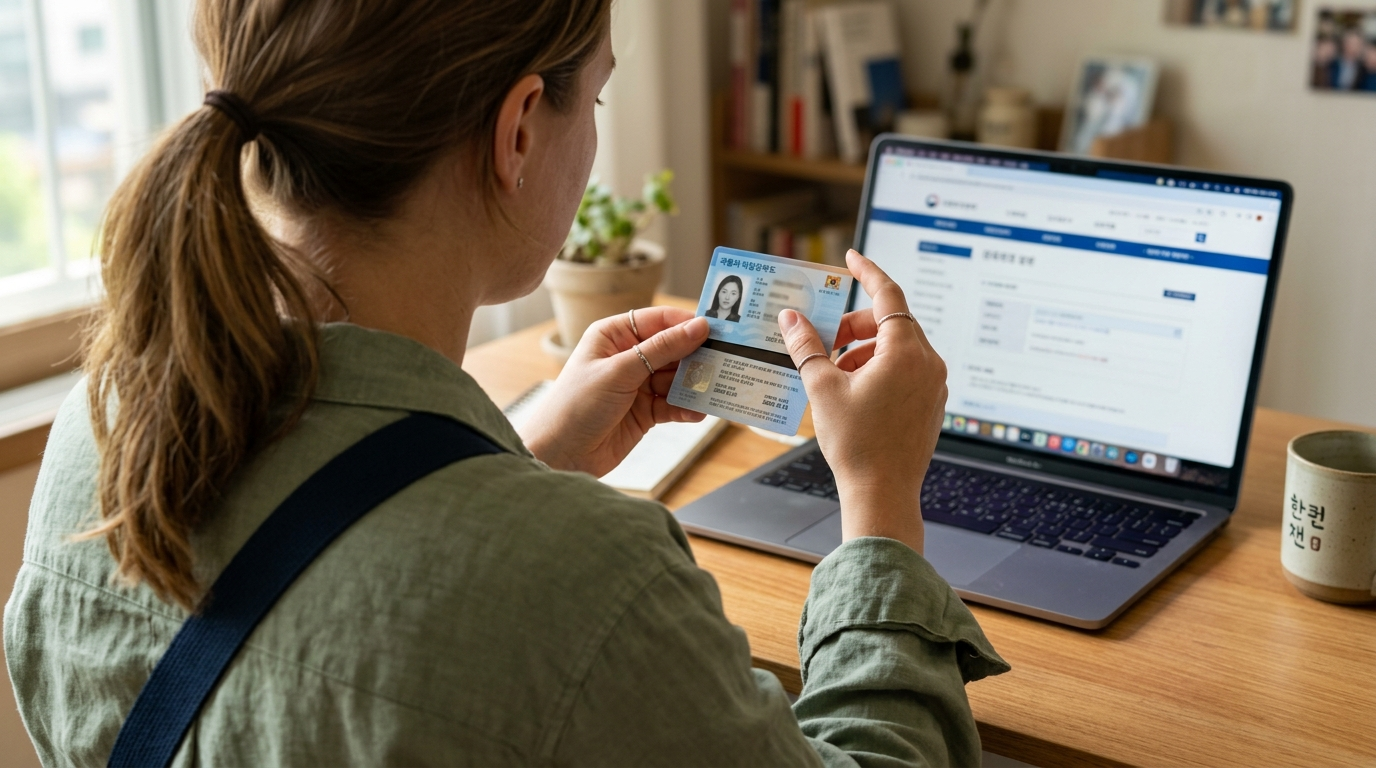 Foreigner checking visa expiry date on ARC card at home desk in Korea