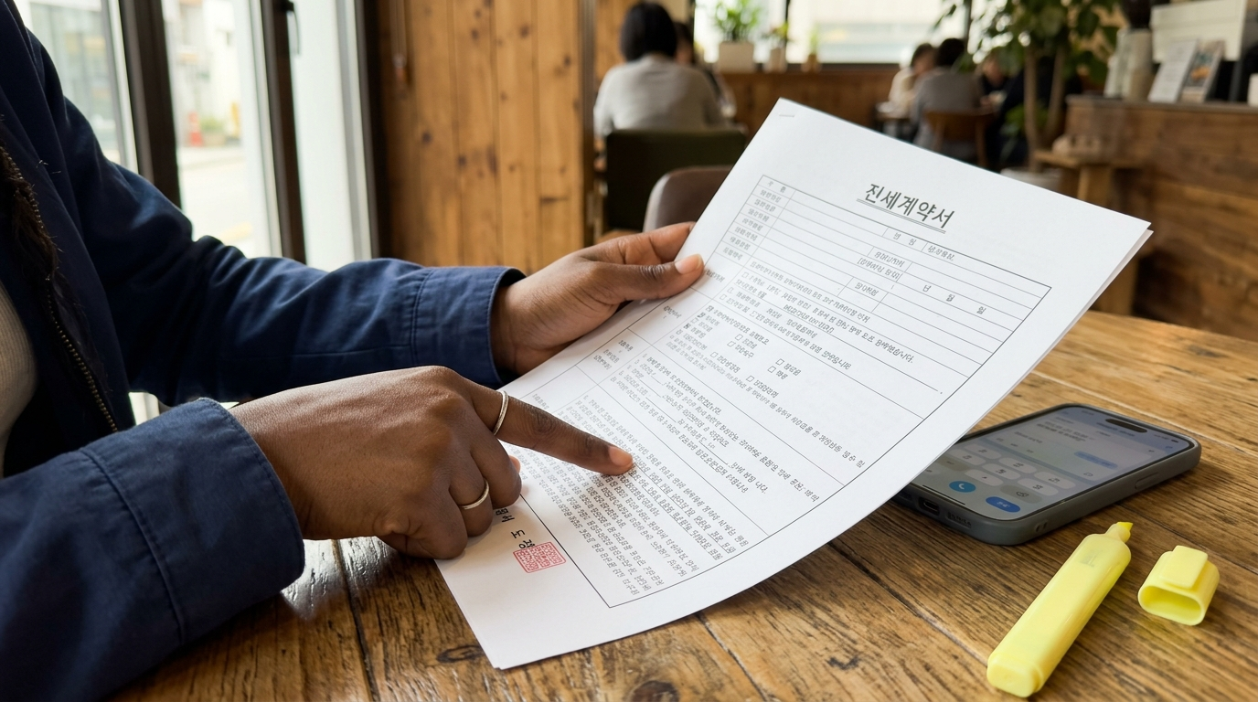 Foreigner in navy blue casual jacket reviewing Korean housing contract papers at a real estate office desk