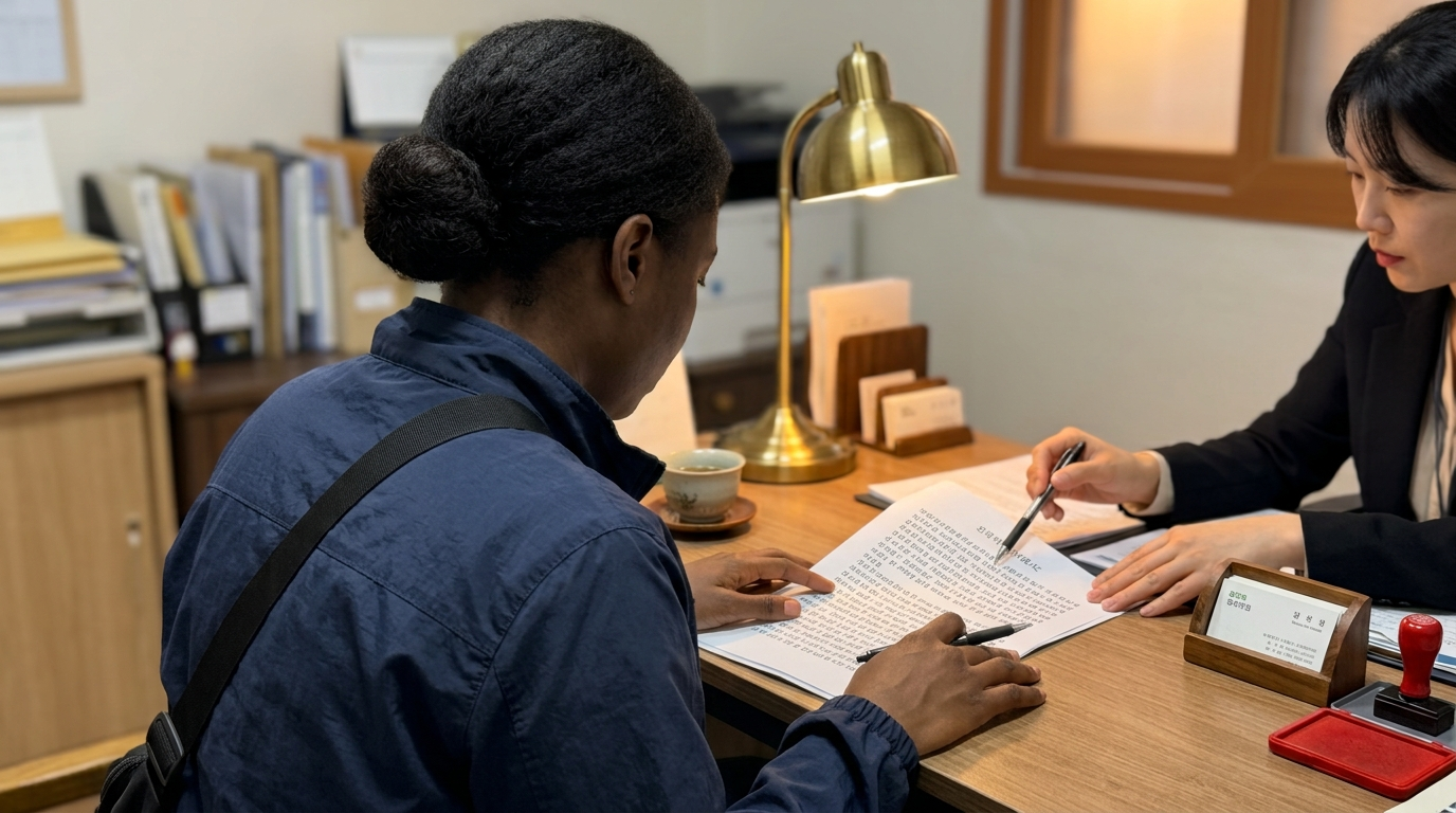 Foreign woman in navy blue casual jacket reviewing Korean housing contract papers at real estate office desk