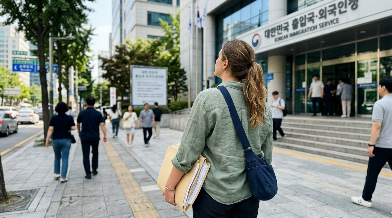 Foreigner in sage green blouse outside Korean immigration office preparing visa extension korea foreigners documents