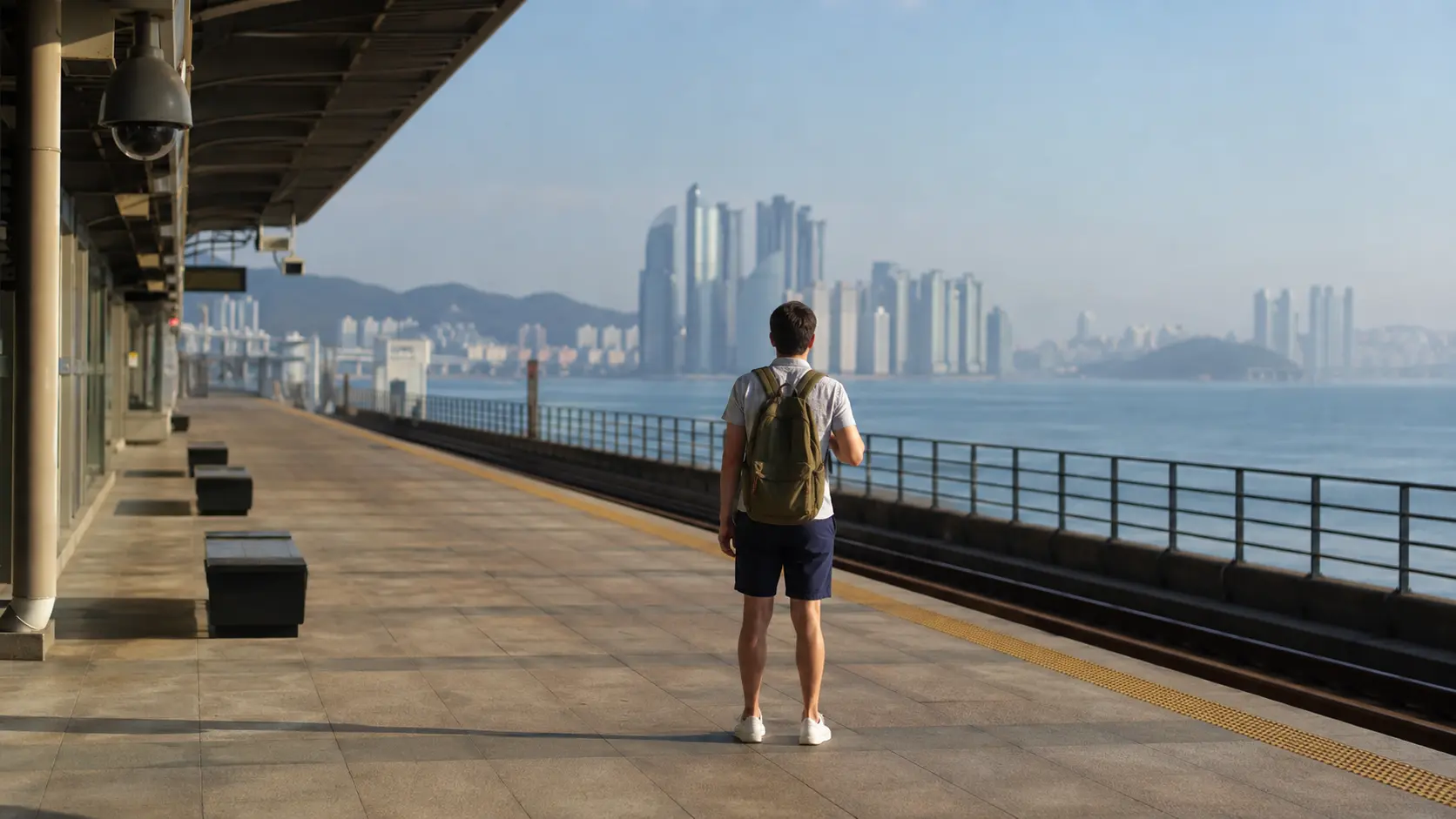 Foreign traveler with backpack on a coastal metro platform during busan travel korea foreigners plan in summer