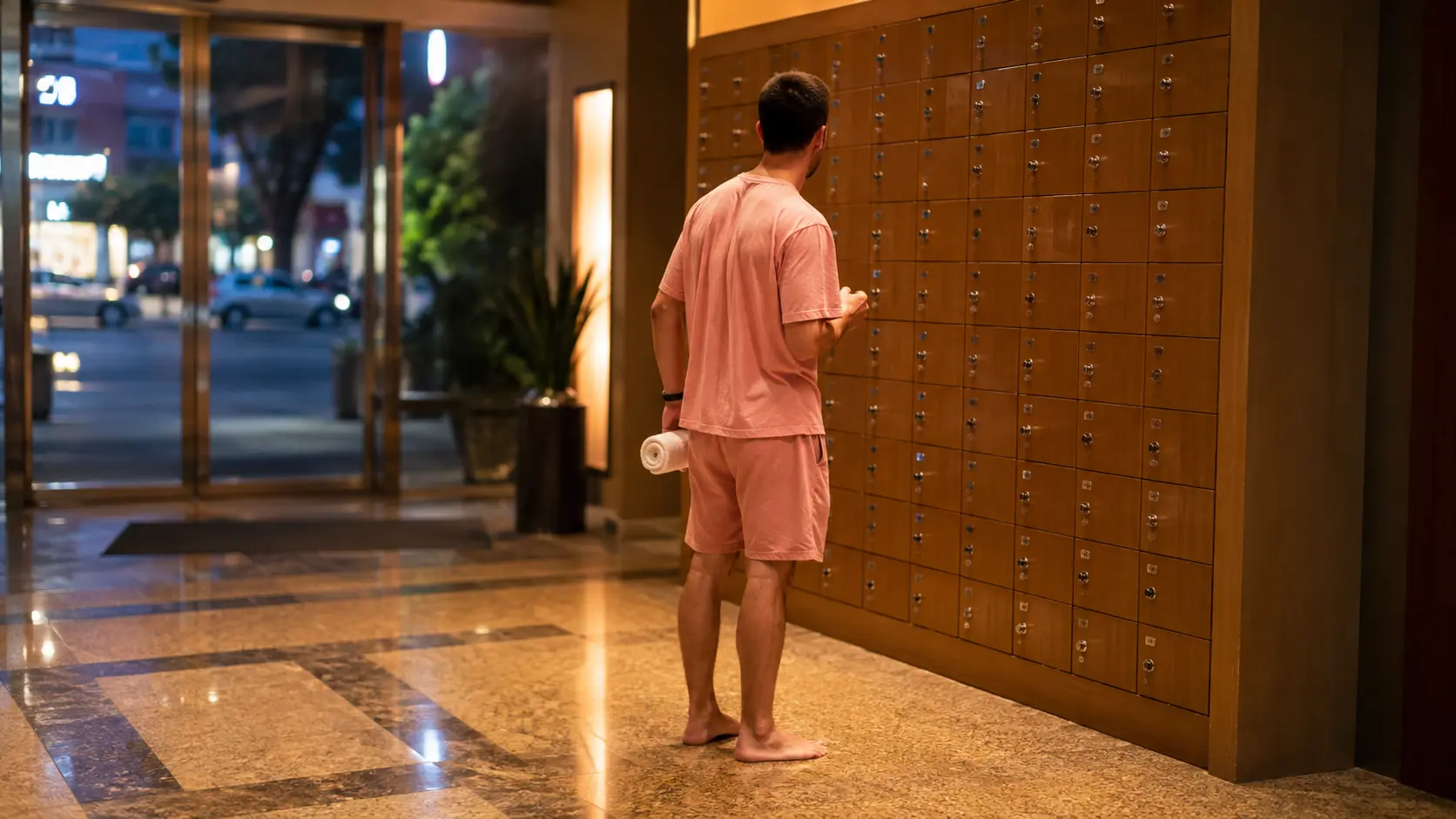 Foreigner in pink spa uniform and bare feet facing shoe lockers in a jjimjilbang korea entrance lobby