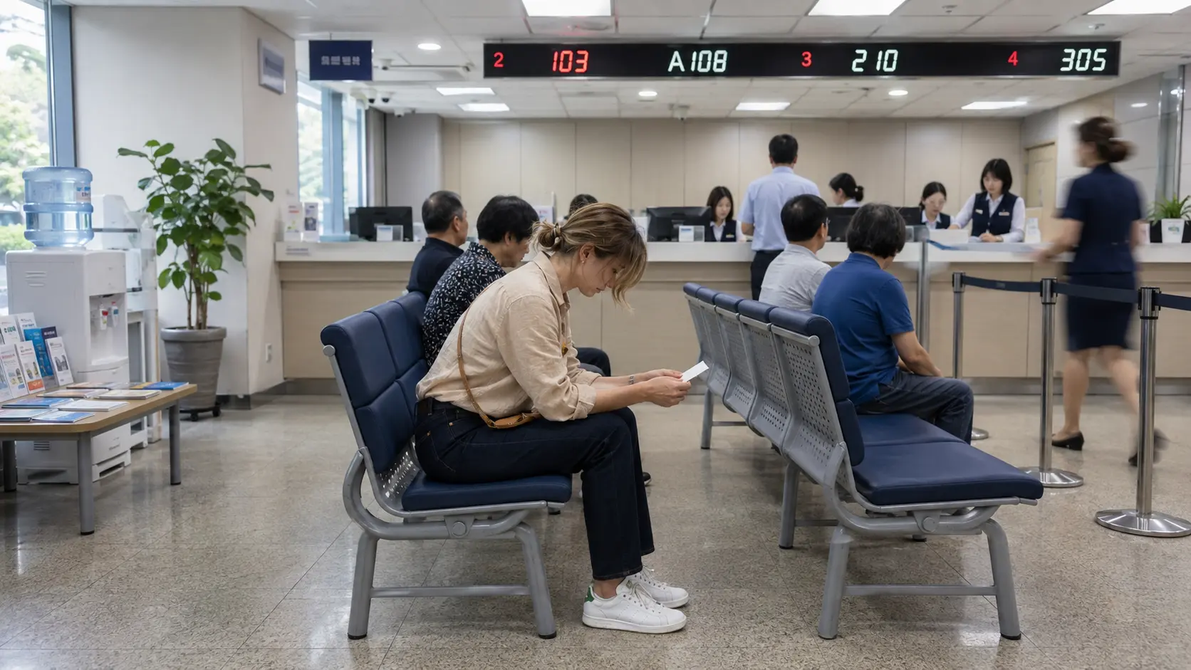 Foreign resident in a beige linen shirt and dark jeans waiting with a ticket, learning korean phrases bank staff use at a Korean branch