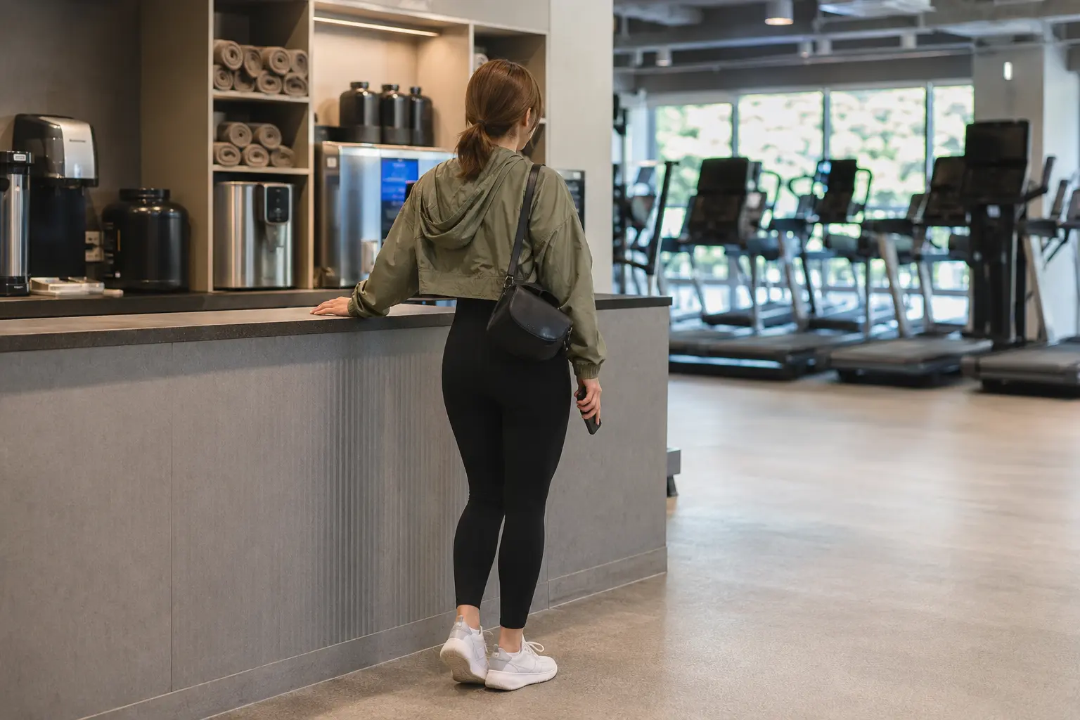Foreign woman standing at a Korean fitness center reception counter reviewing gym membership pricing options