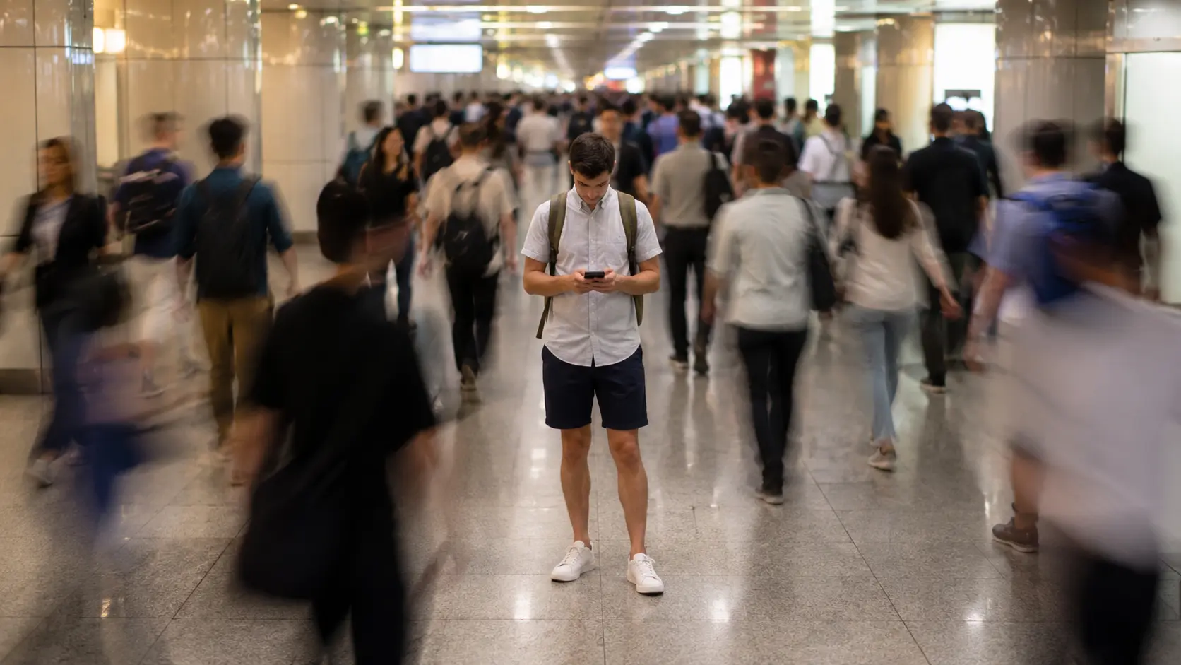 Foreign traveler in gray linen shirt and olive backpack standing on a Busan metro transfer concourse in summer