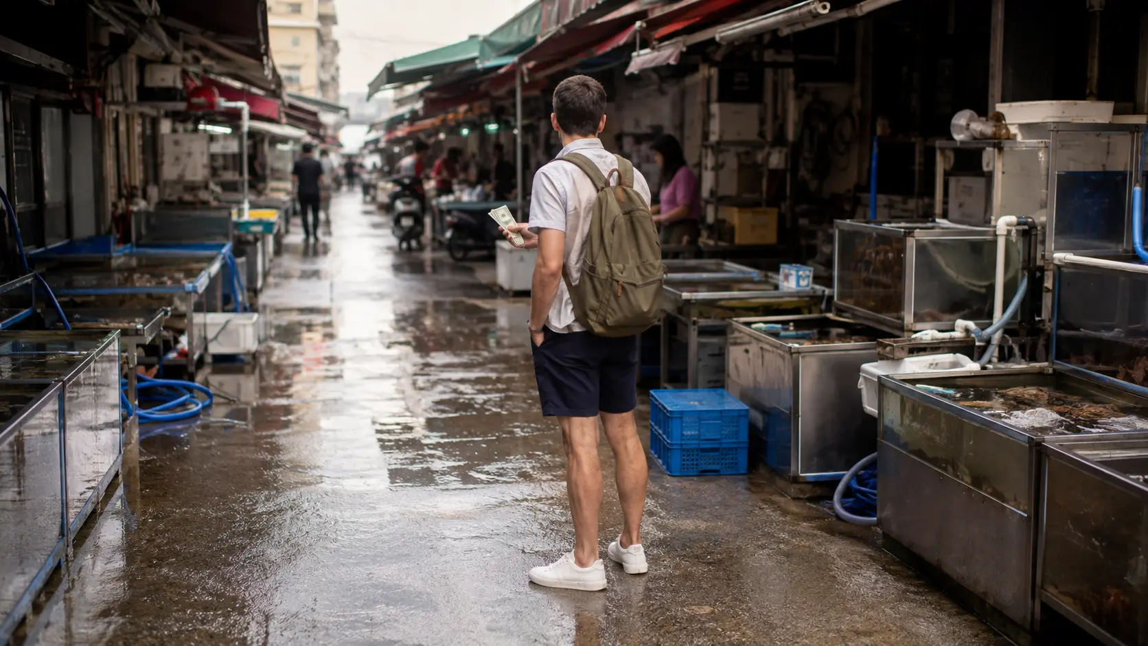 Foreign visitor in gray linen shirt paying with cash at a Busan seafood market stall before ordering
