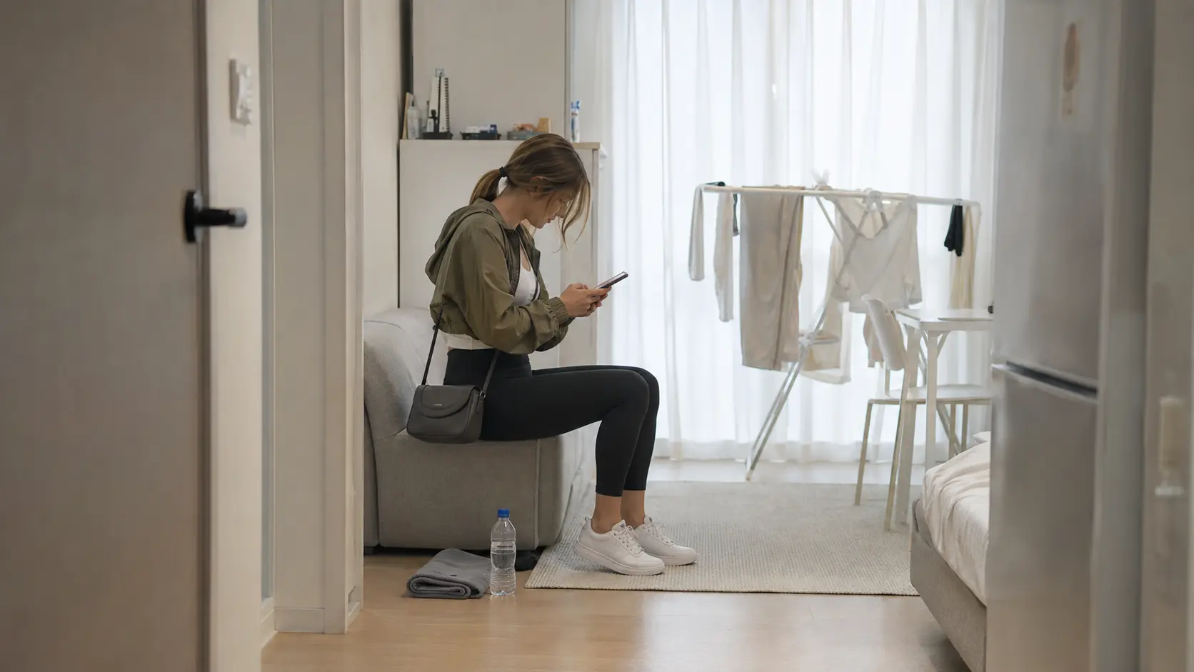 Foreign resident in Korea checking a banking app for a recurring fitness center charge at home