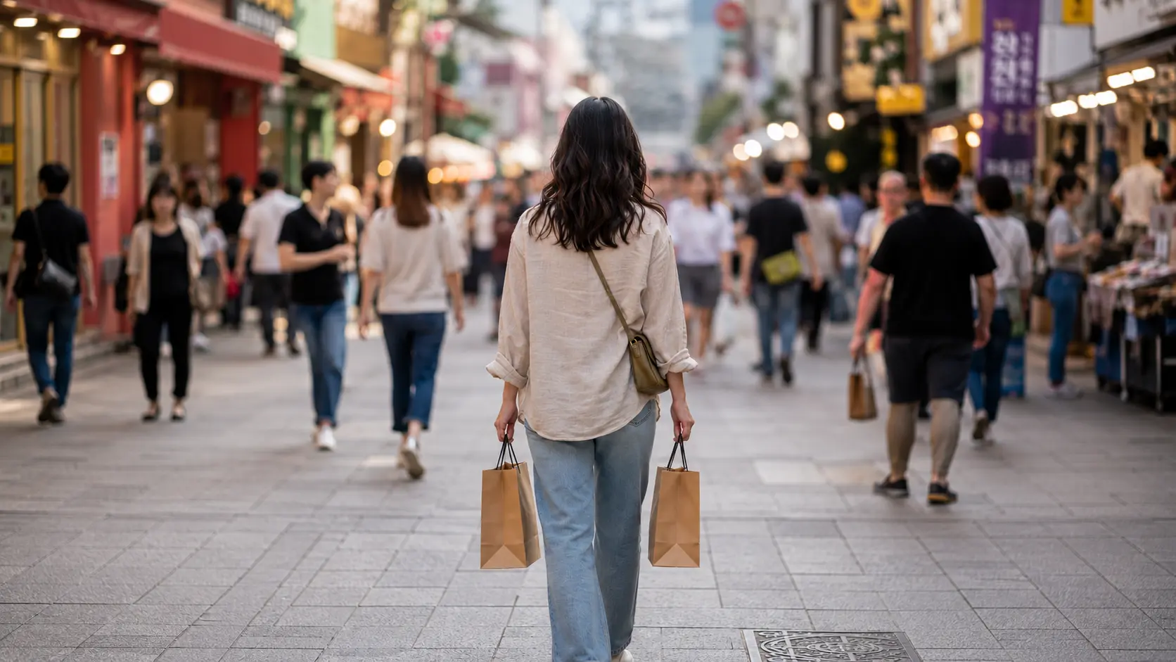 Foreigner holding shopping bags on a Seoul street during korea beauty shopping foreigners often start in Myeongdong