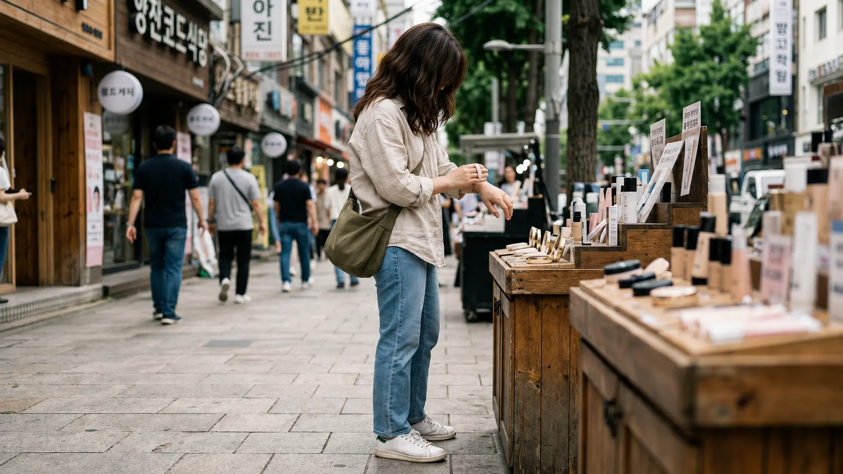 Foreigner comparing K-beauty products outside a Seoul shop while beauty shopping in Korea