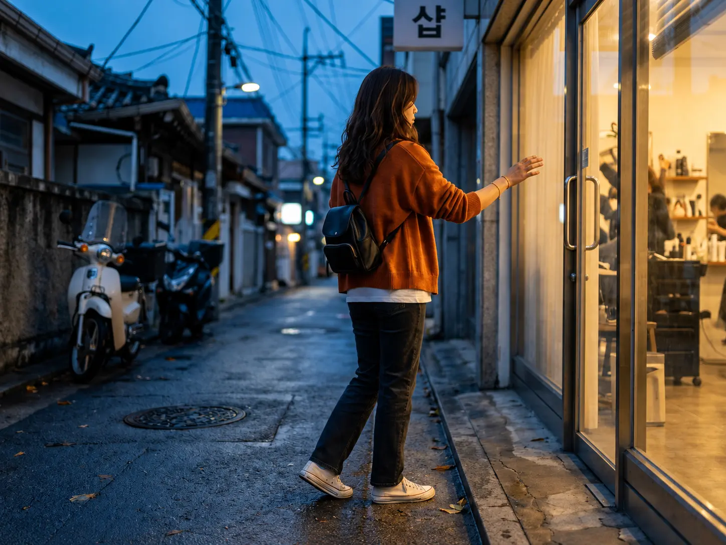 Korean hair salon foreigners hesitating outside a neighborhood salon in Korea wearing a rust-orange cardigan at dusk