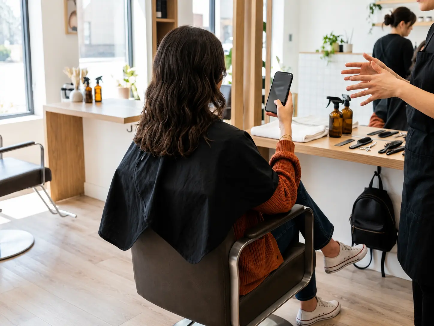 Foreign customer holding up a phone photo during a hair salon consultation in Korea