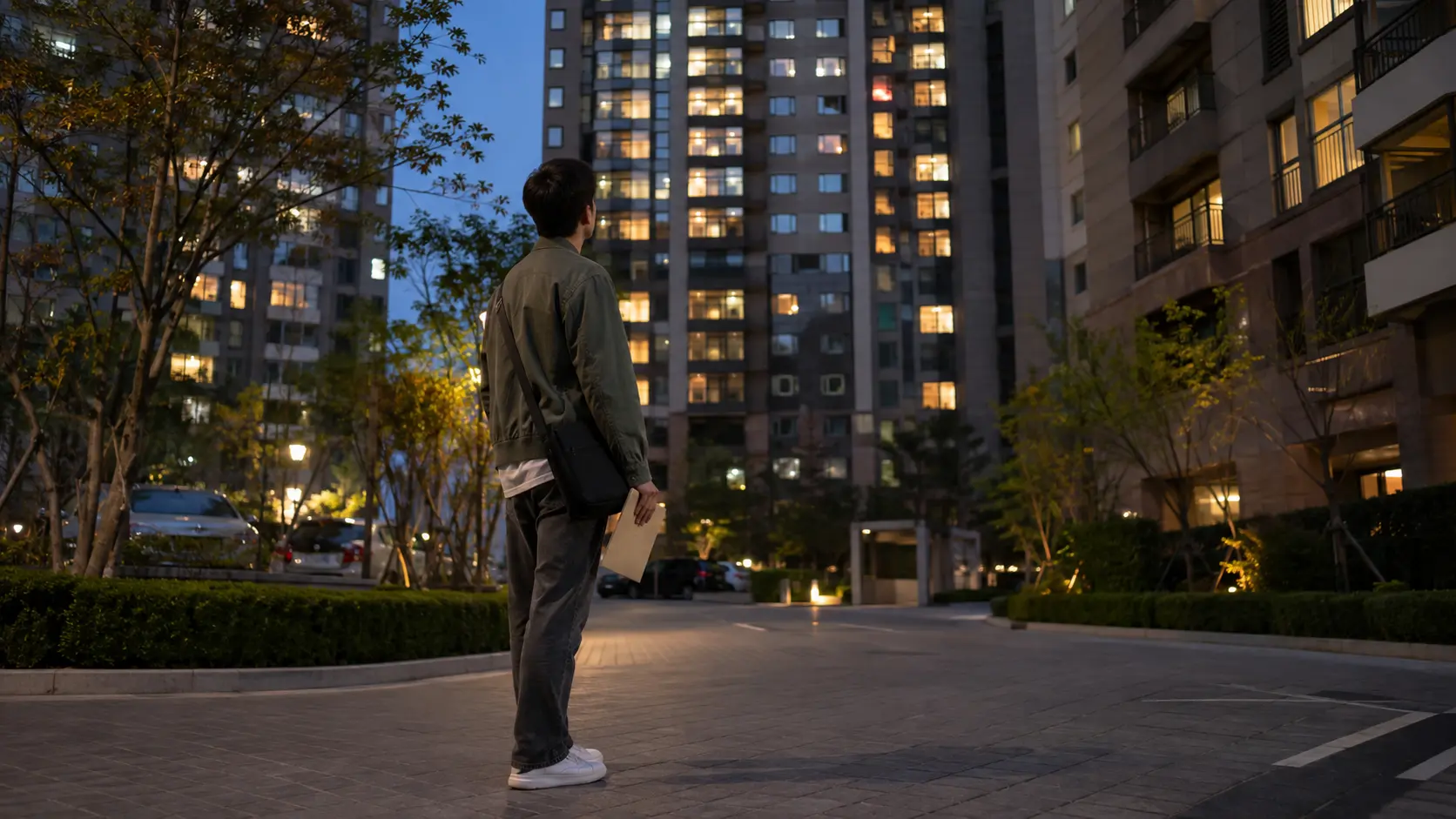 Foreigner in olive-green jacket checking a korean maintenance fee statement outside a Korean apartment complex at dusk