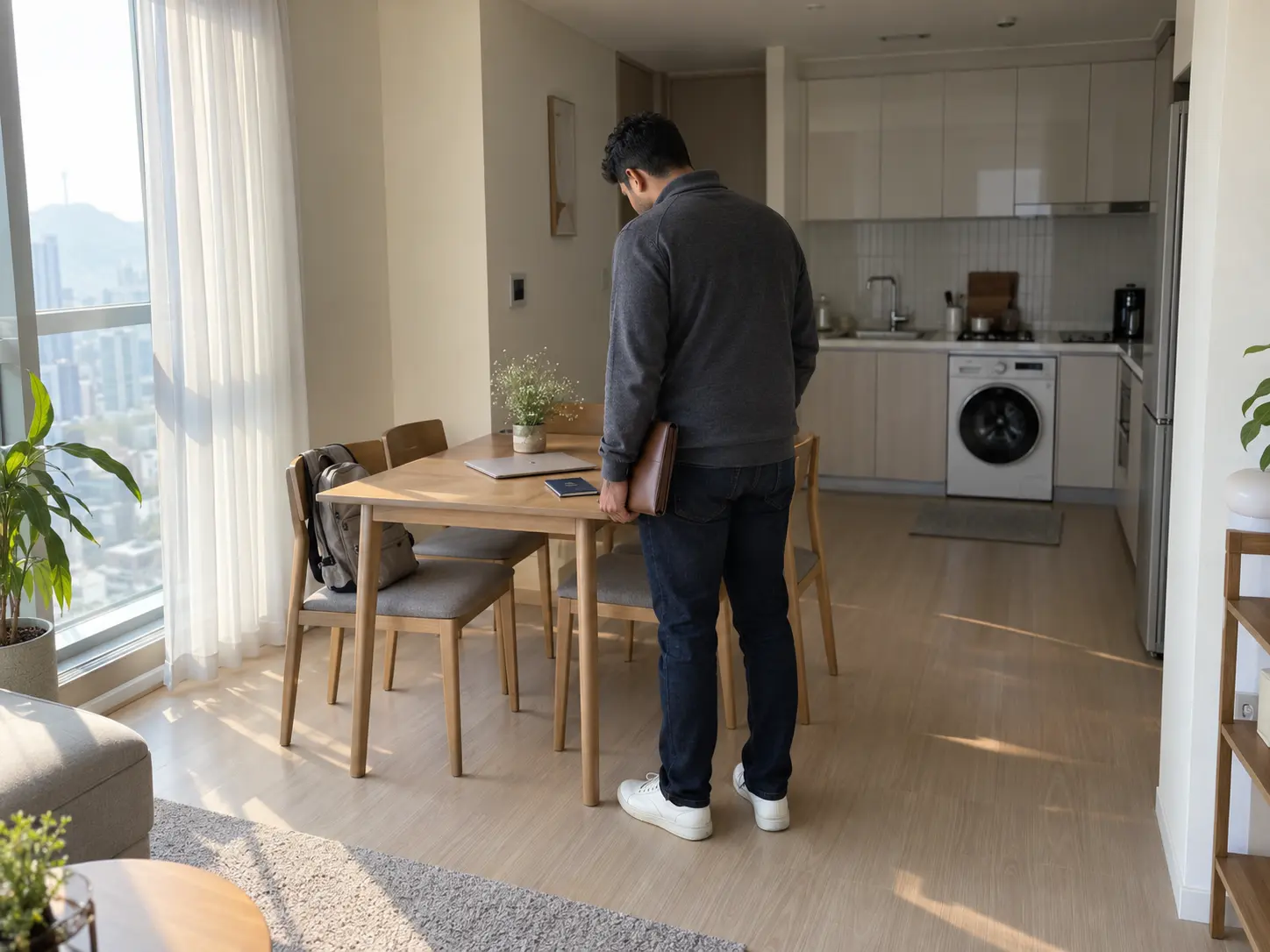 Foreigner in charcoal half-zip pullover and navy jeans sorting documents at home before filing a korea pension refund claim