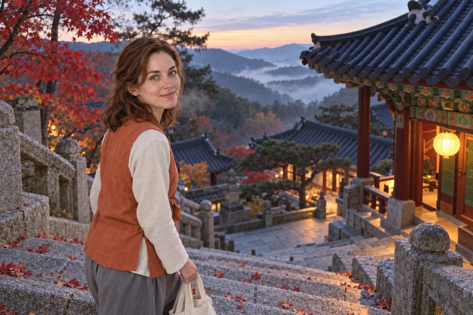Foreign woman in temple vest pausing on stone steps at dawn during a temple stay korea program at a mountain Buddhist temple