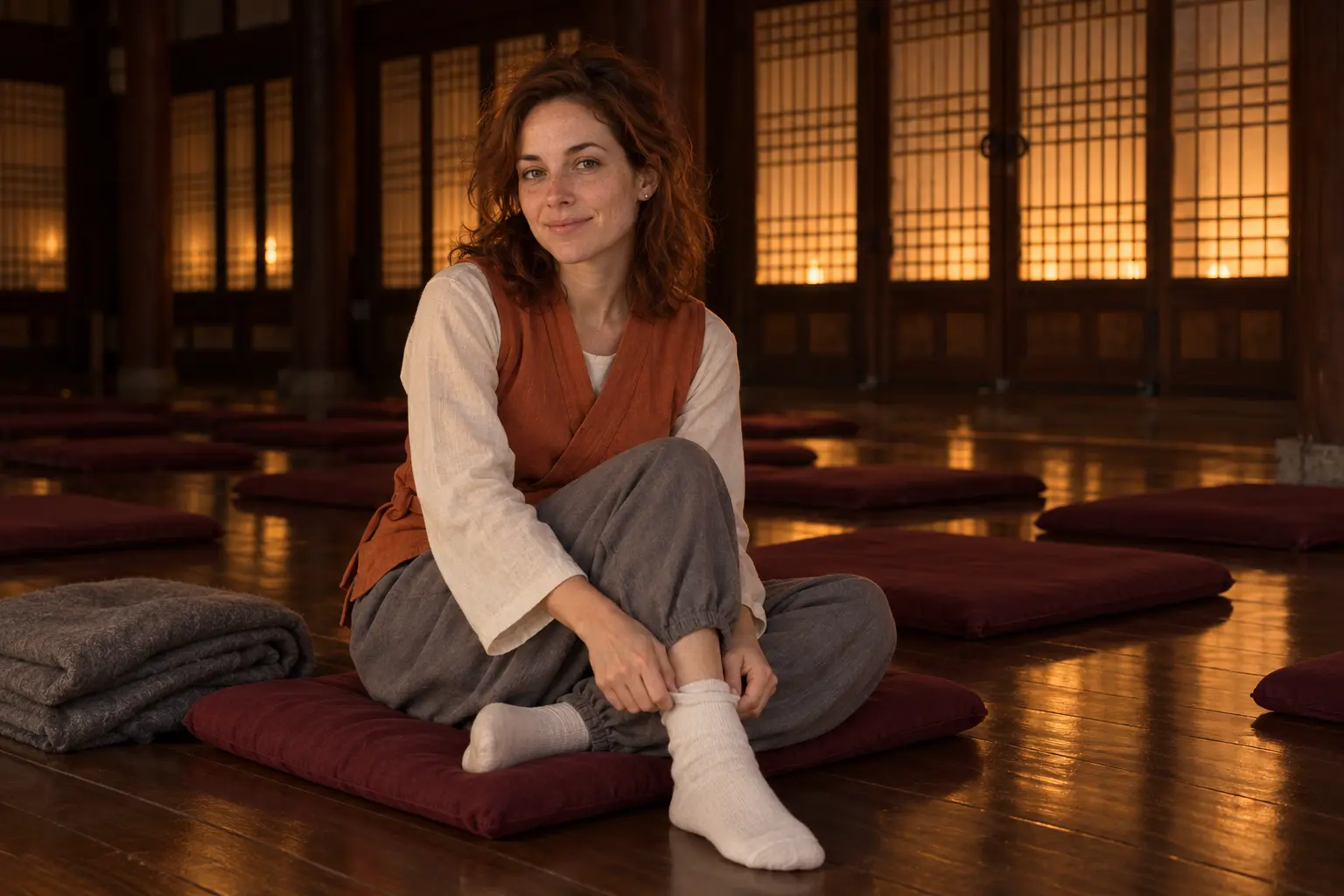 Folded temple uniforms and floor cushions in a wooden hall before a templestay dawn service