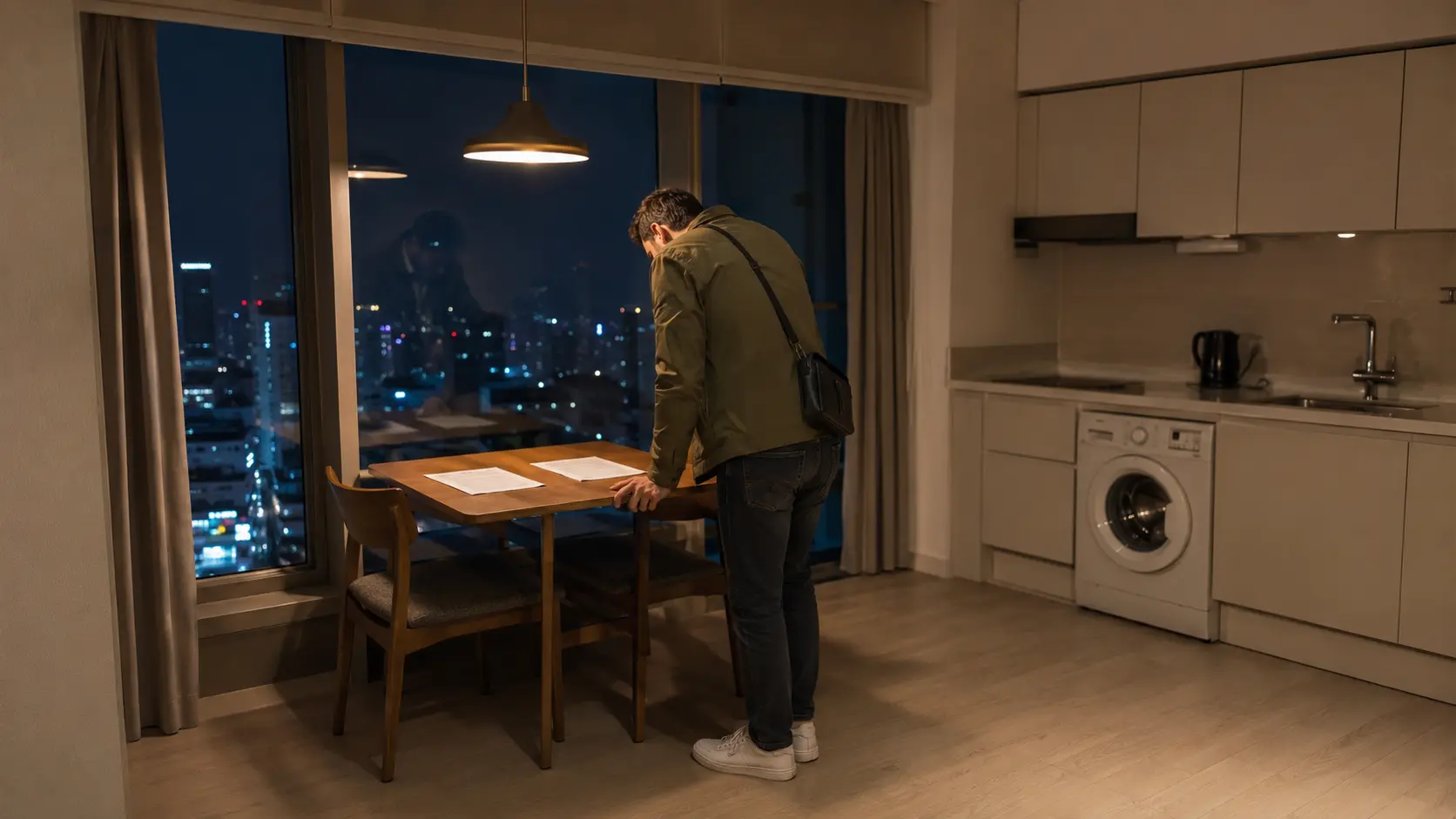 Tenant in olive-green zip-up jacket comparing monthly Korean apartment management fee statements at a kitchen table at night