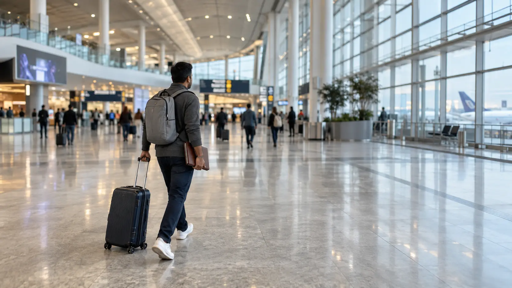 Traveler in charcoal half-zip pullover and navy jeans pulling a suitcase through an airport departure hall before leaving Korea