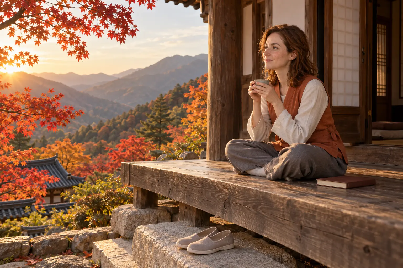 Guest in temple vest sitting on a wooden veranda during a rest-type Korean temple stay