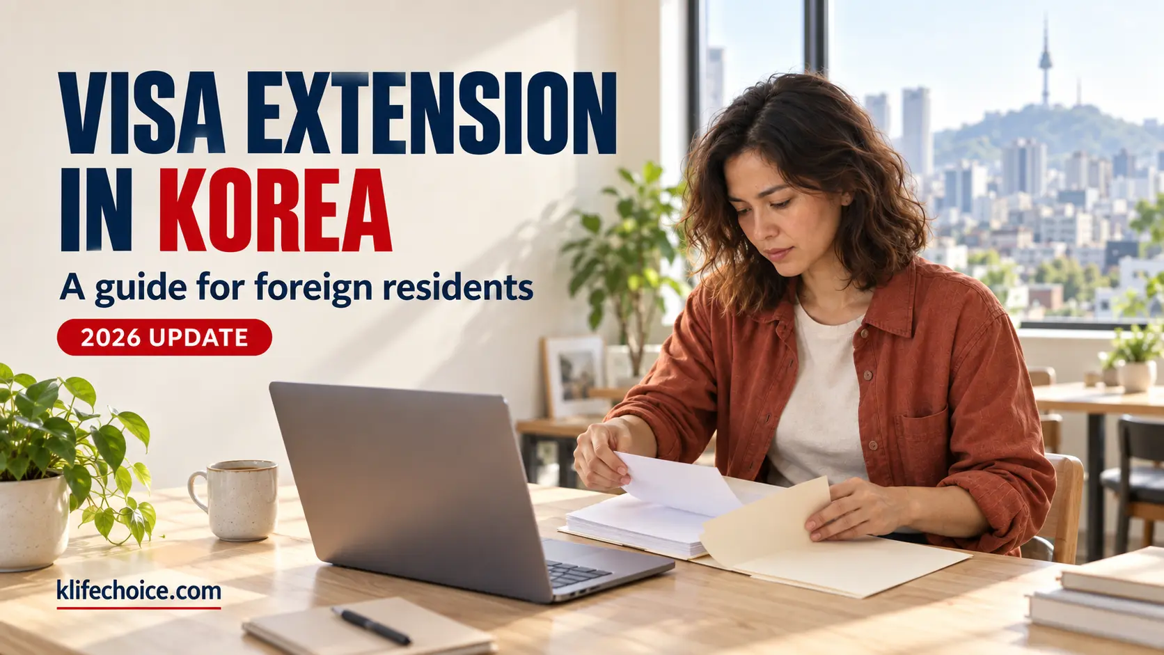 Woman organizing paperwork beside a laptop with Seoul in the background, under the heading “Visa Extension in Korea — 2026 Update.