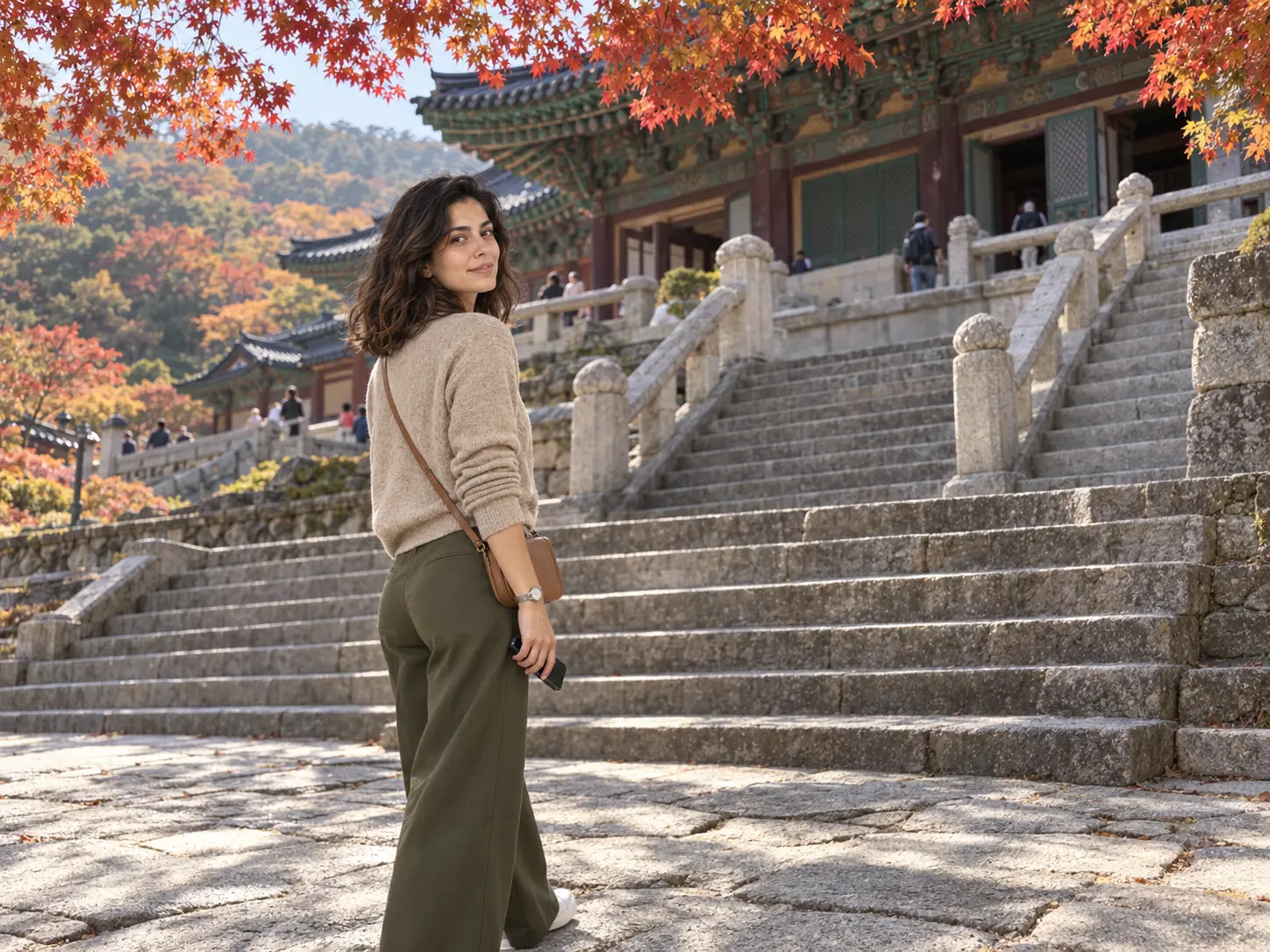 Traveler at Bulguksa stone stairway planning a car-free day in gyeongju korea in autumn
