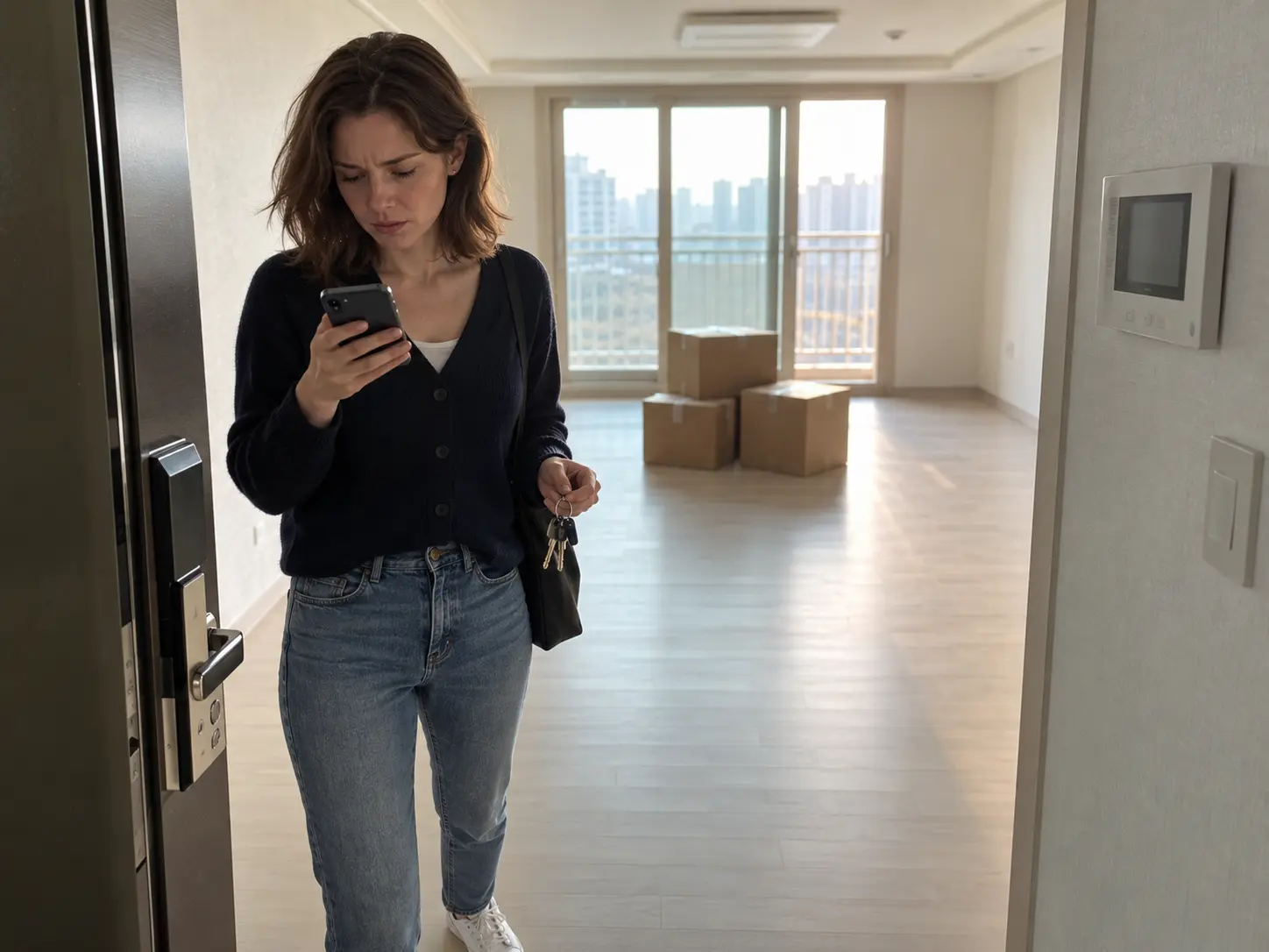 Foreign tenant holding keys and checking her phone while moving house in Korea in an empty apartment