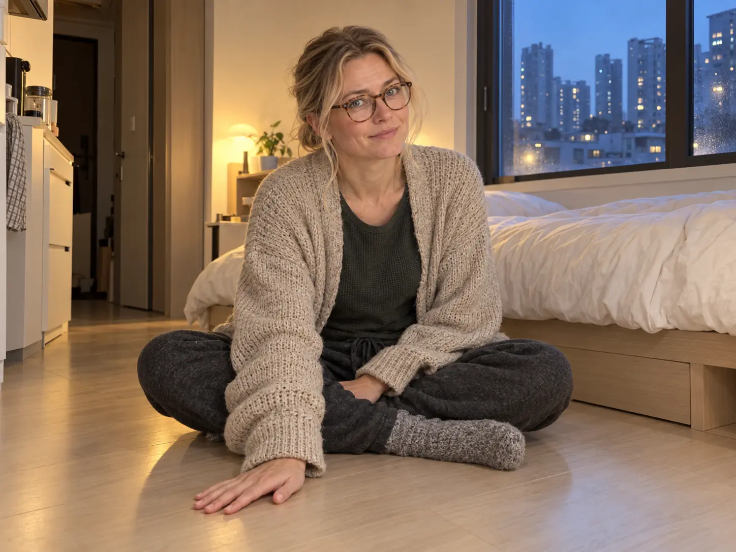 Foreign resident testing a warm ondol floor during korean apartment heating season in a Seoul officetel