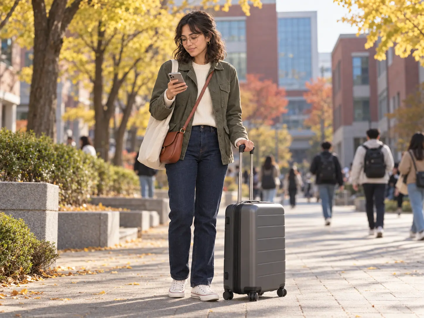 Graduate student with a suitcase on a Seoul university campus walkway checking her korea student arrival checklist on her phone
