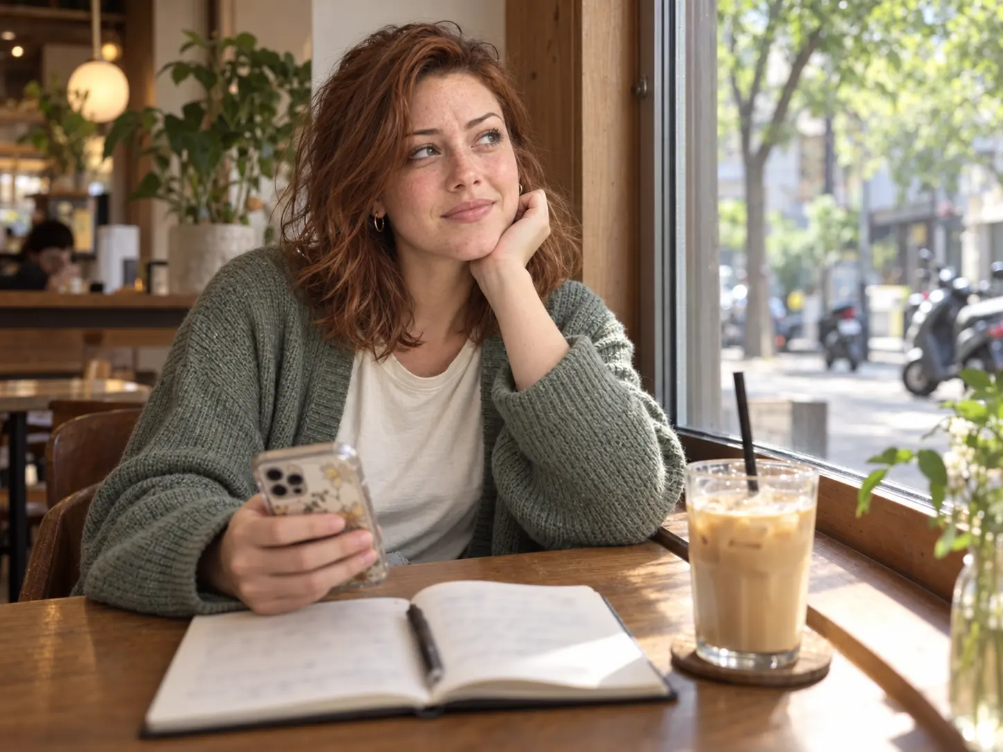 Foreign teacher at a Seoul cafe checking her phone contract balance before cancelling her Korean line