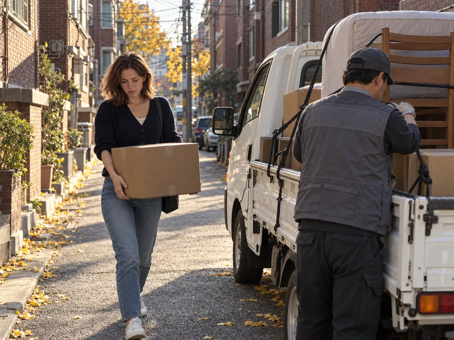Foreign tenant packing boxes beside a small yongdal truck while moving apartments in Korea
