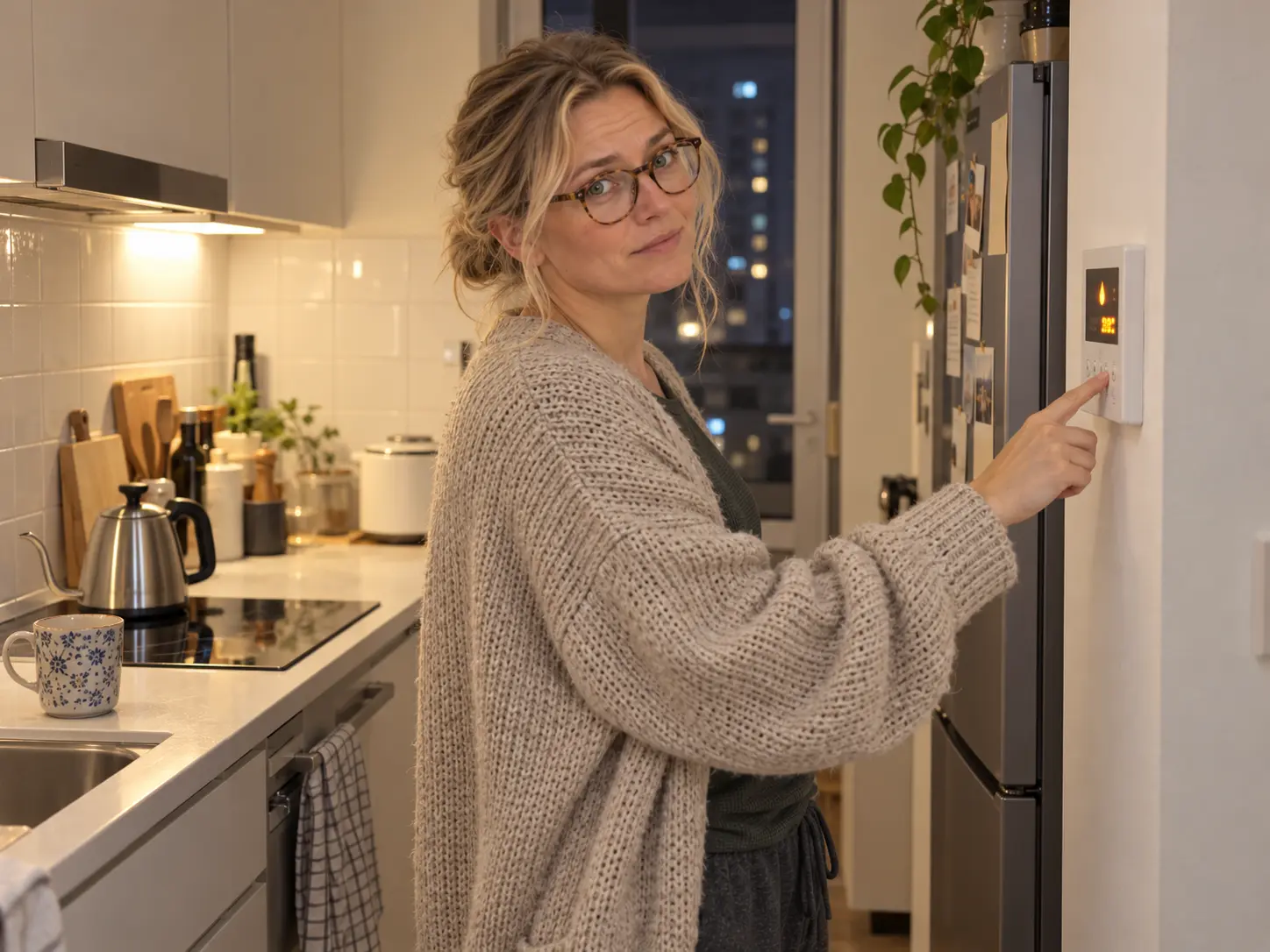 Foreign resident checking the floor heating control panel on a Korean apartment kitchen wall