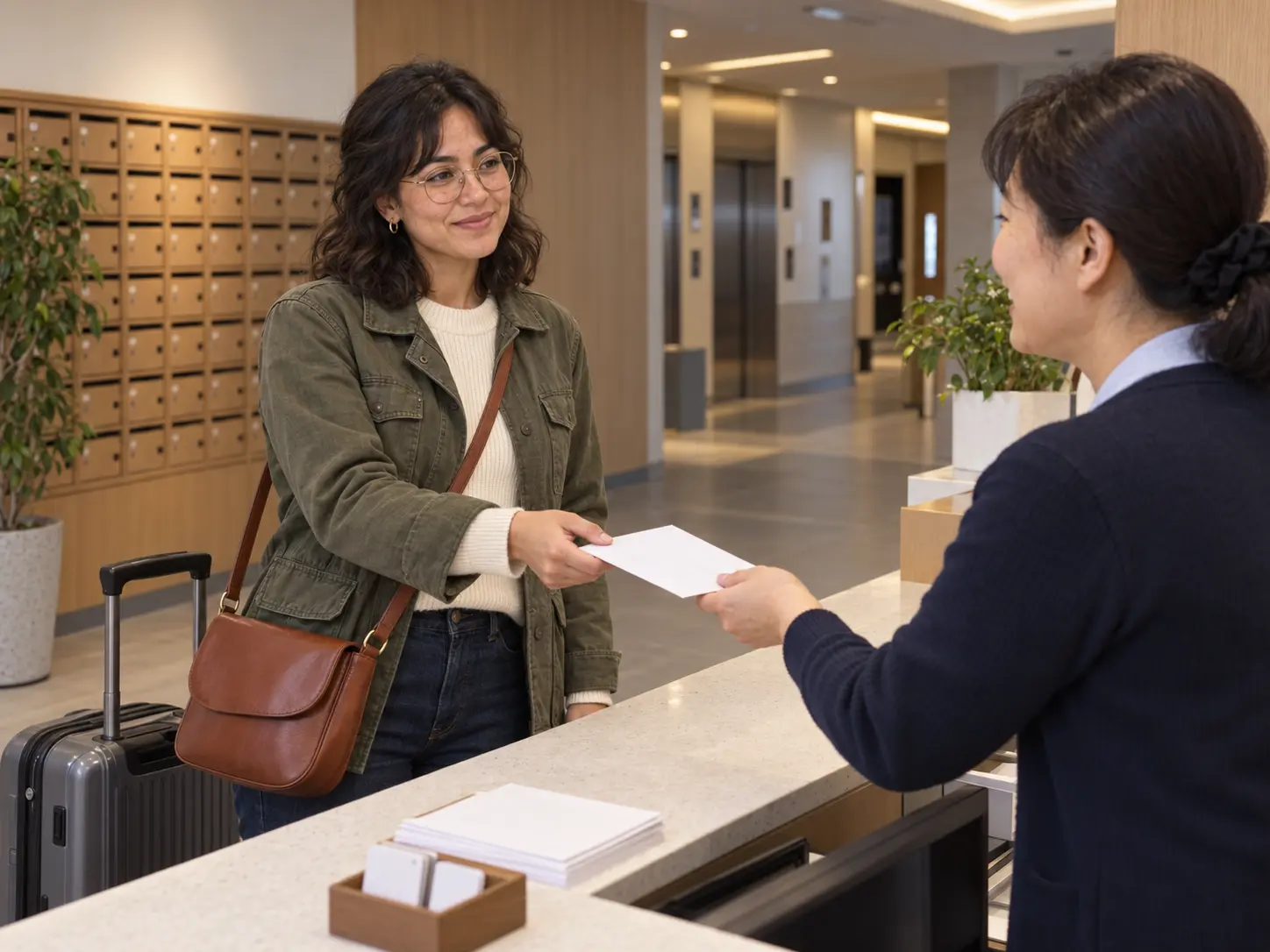 Graduate student handing a health certificate envelope to staff at a Korean university dormitory front desk on move-in day