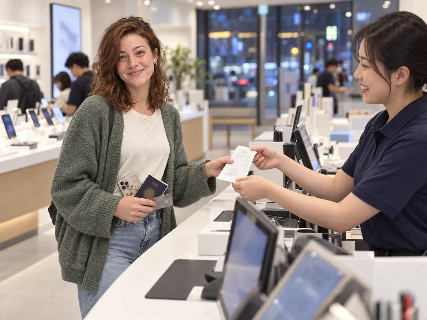 Foreign customer at a mobile carrier store counter in Korea finalizing her phone line cancellation