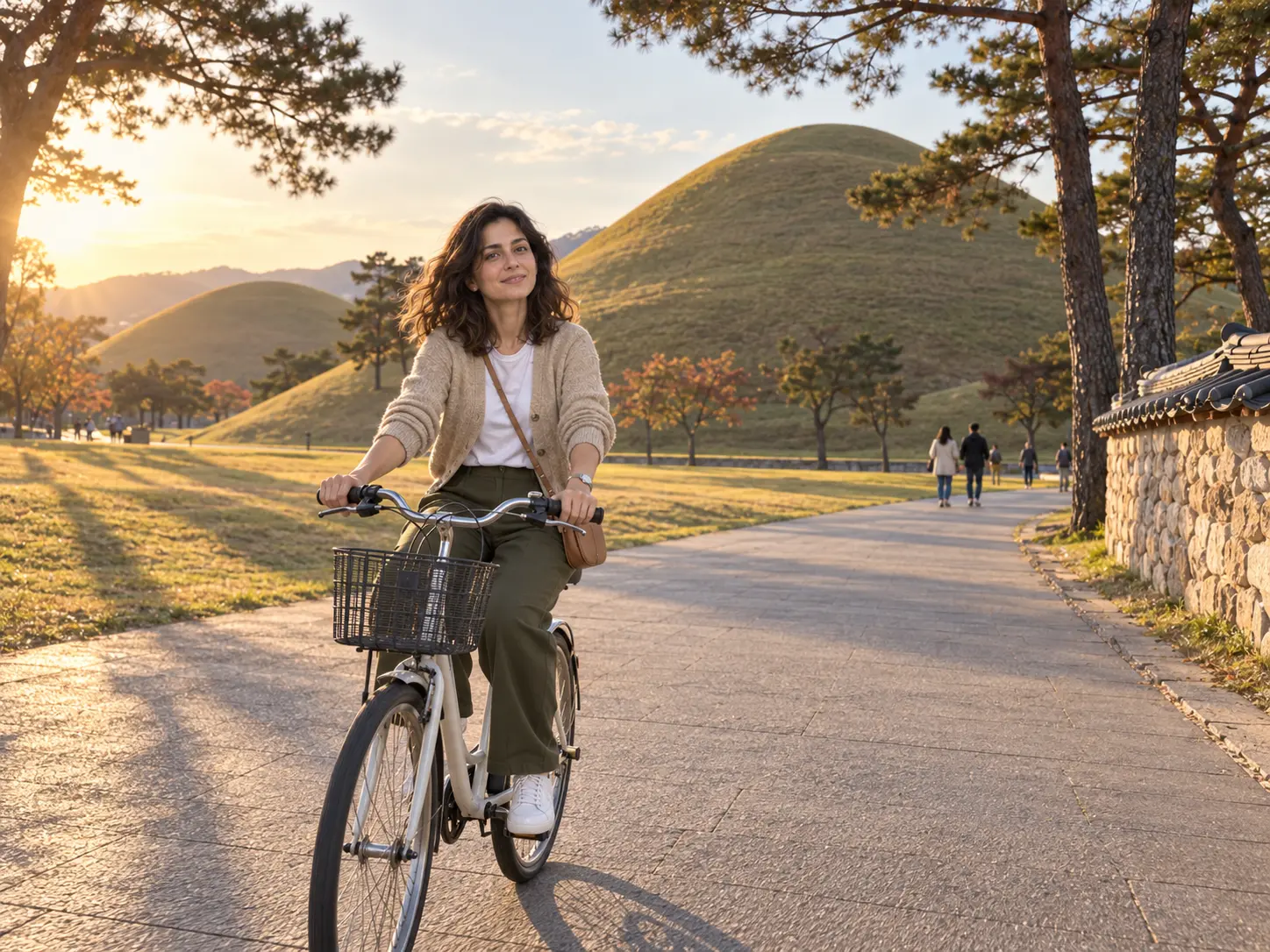 Visitor cycling past grassy royal tomb mounds in central Gyeongju in late afternoon light